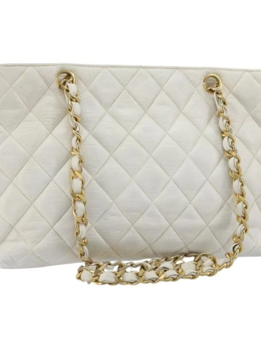 CHANEL Chain Shoulder Bag Lamb Skin White Gold CC Auth BA12714